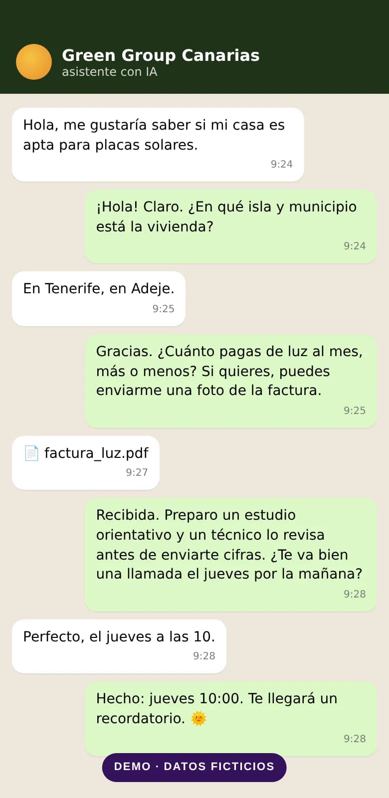 Demo van een gesprek met de AI-agent op WhatsApp, op een telefoon