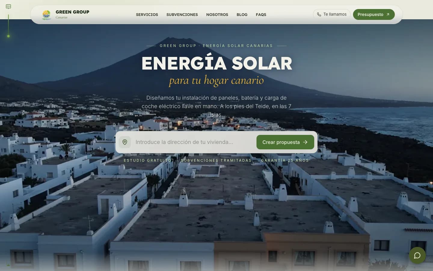 Homepage van greengroupcanarias.com met adreszoeker