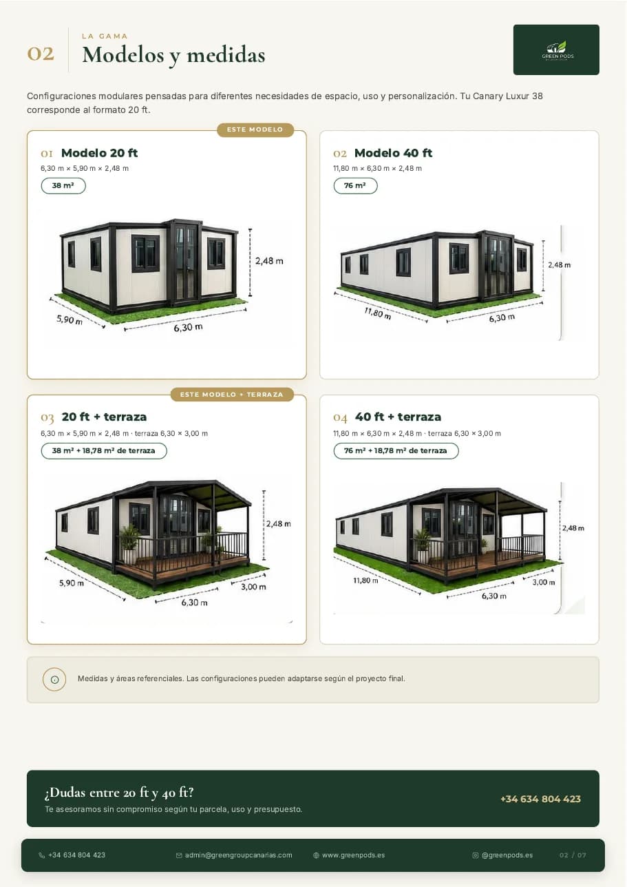 Página de modelos y medidas de un catálogo técnico de Green Pods