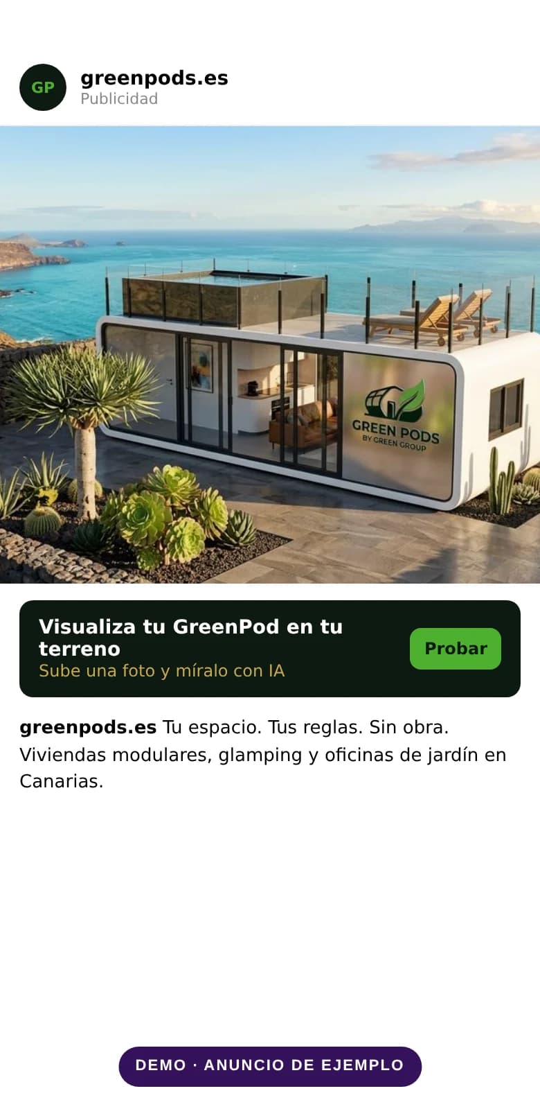 Anuncio de ejemplo de Green Pods en Instagram que invita a visualizar tu GreenPod en tu terreno