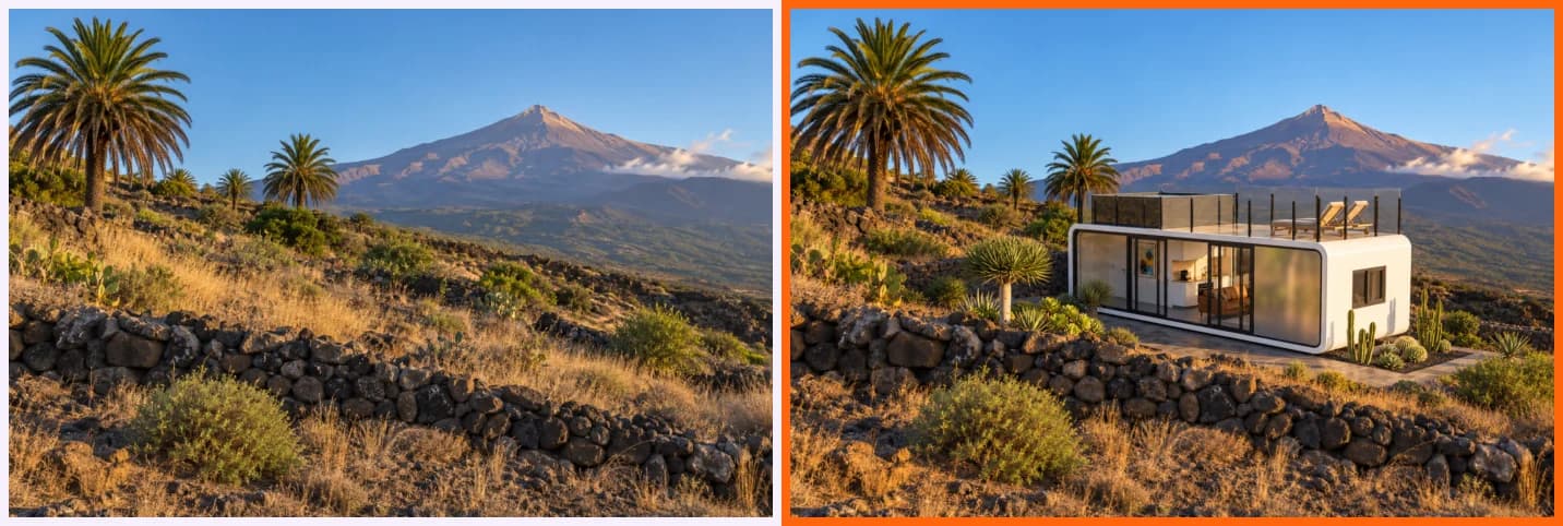 Antes y después: foto de ejemplo de un terreno y la visualización que hace la IA