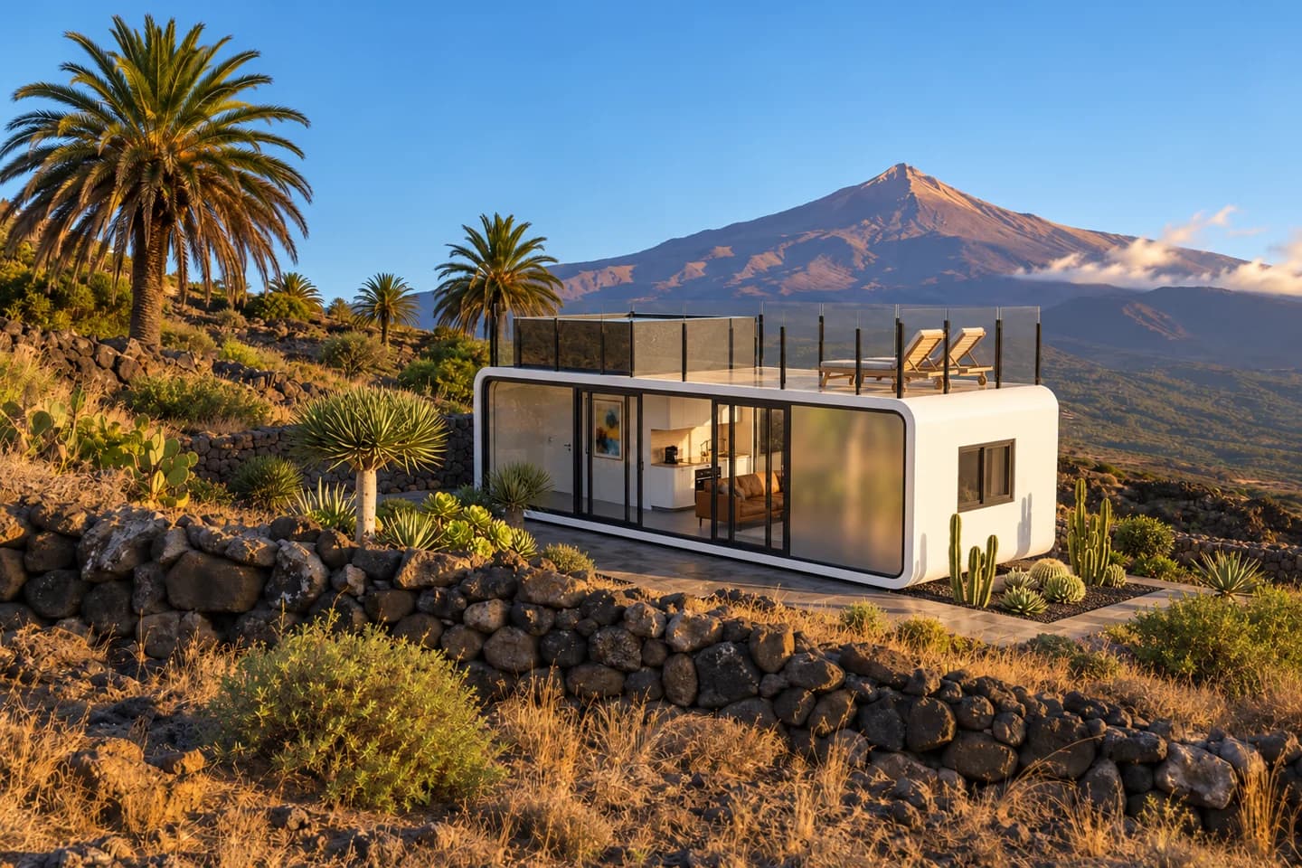Visualización con IA de un GreenPod Loft colocado en una parcela de ejemplo en Tenerife