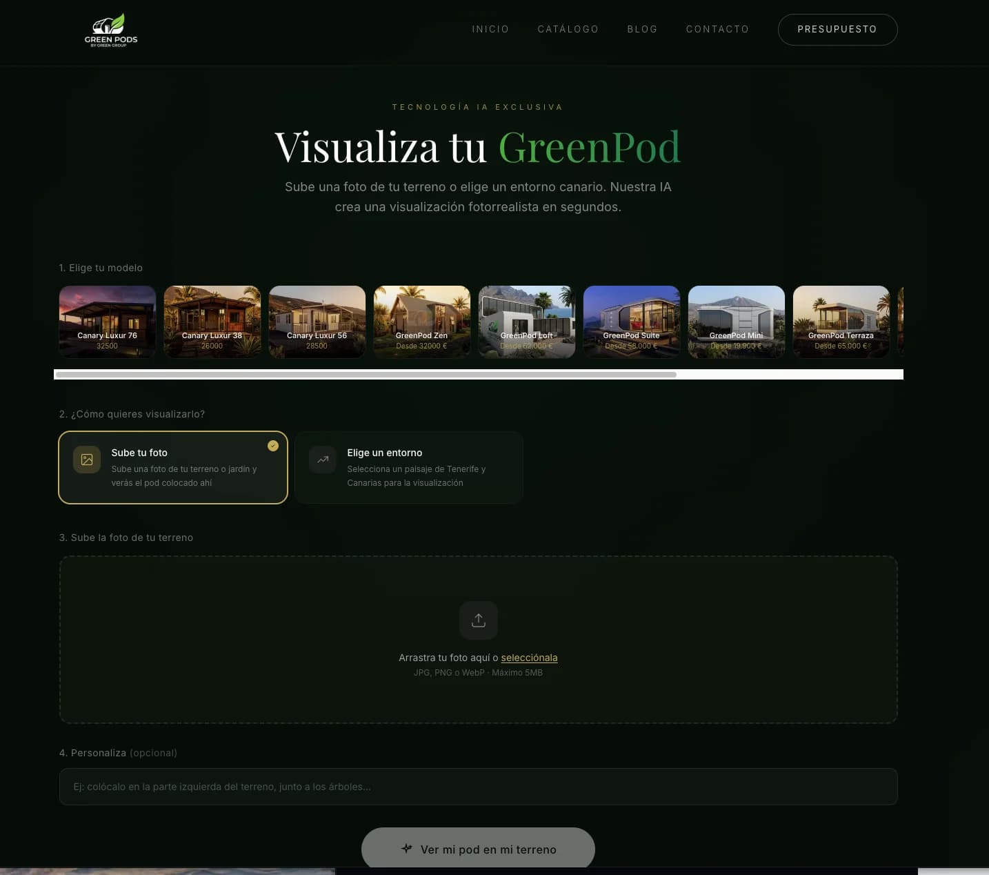 Visualizador con IA de greenpods.es: elegir modelo, subir la foto del terreno y añadir indicaciones