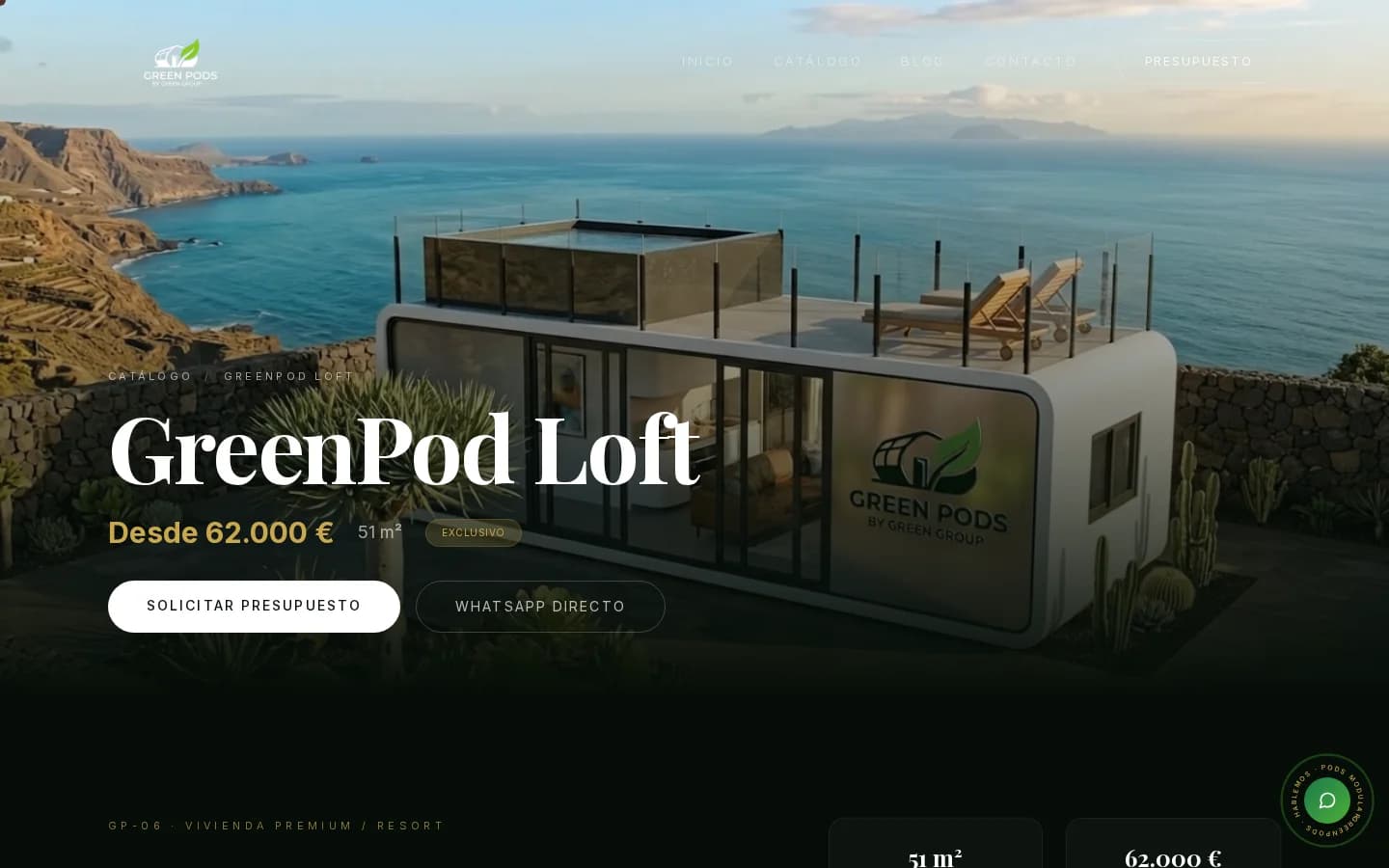 Ficha del GreenPod Loft en greenpods.es con precio desde y botones de presupuesto y WhatsApp