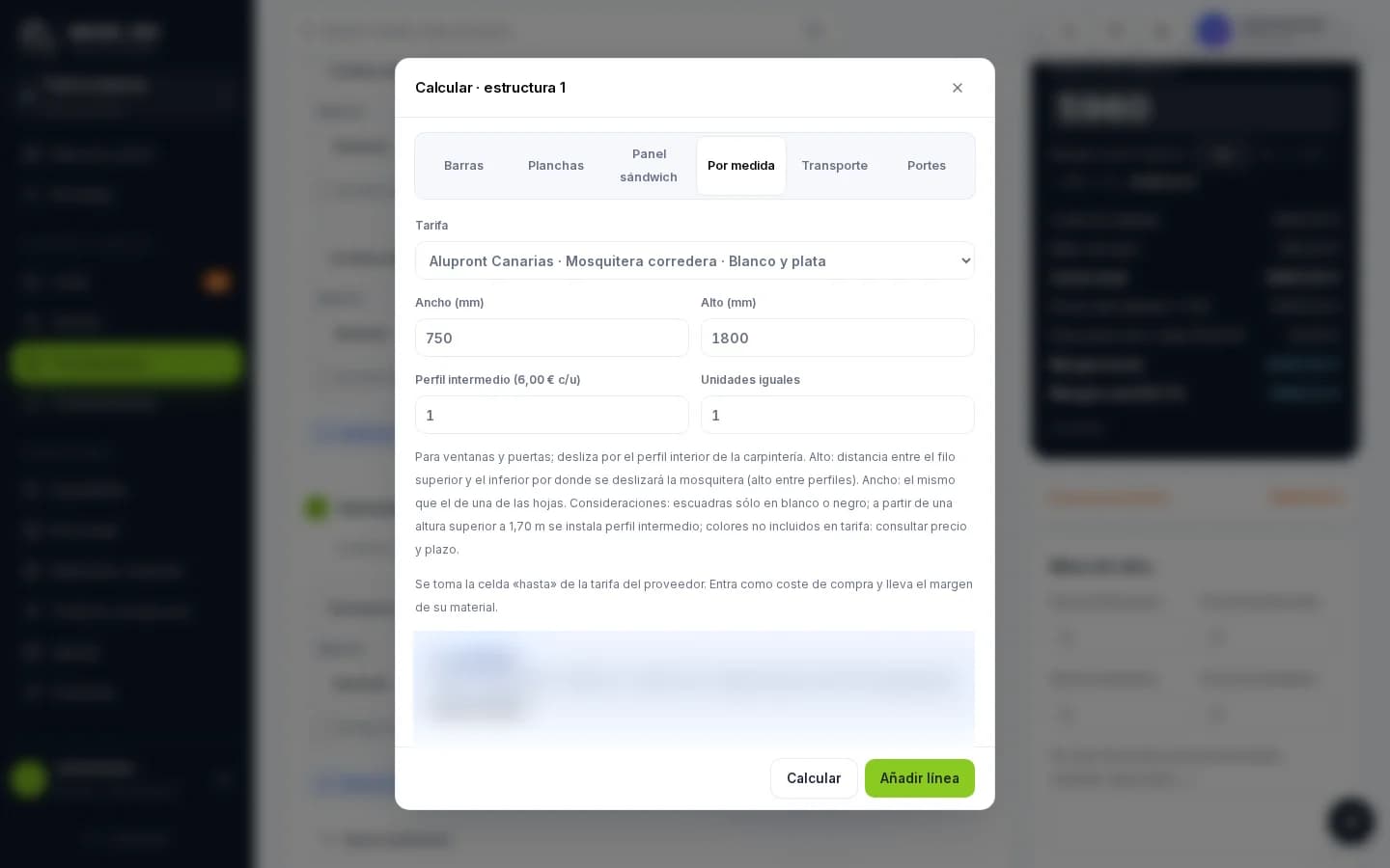 Calculadora del presupuestador para una mosquitera por medida