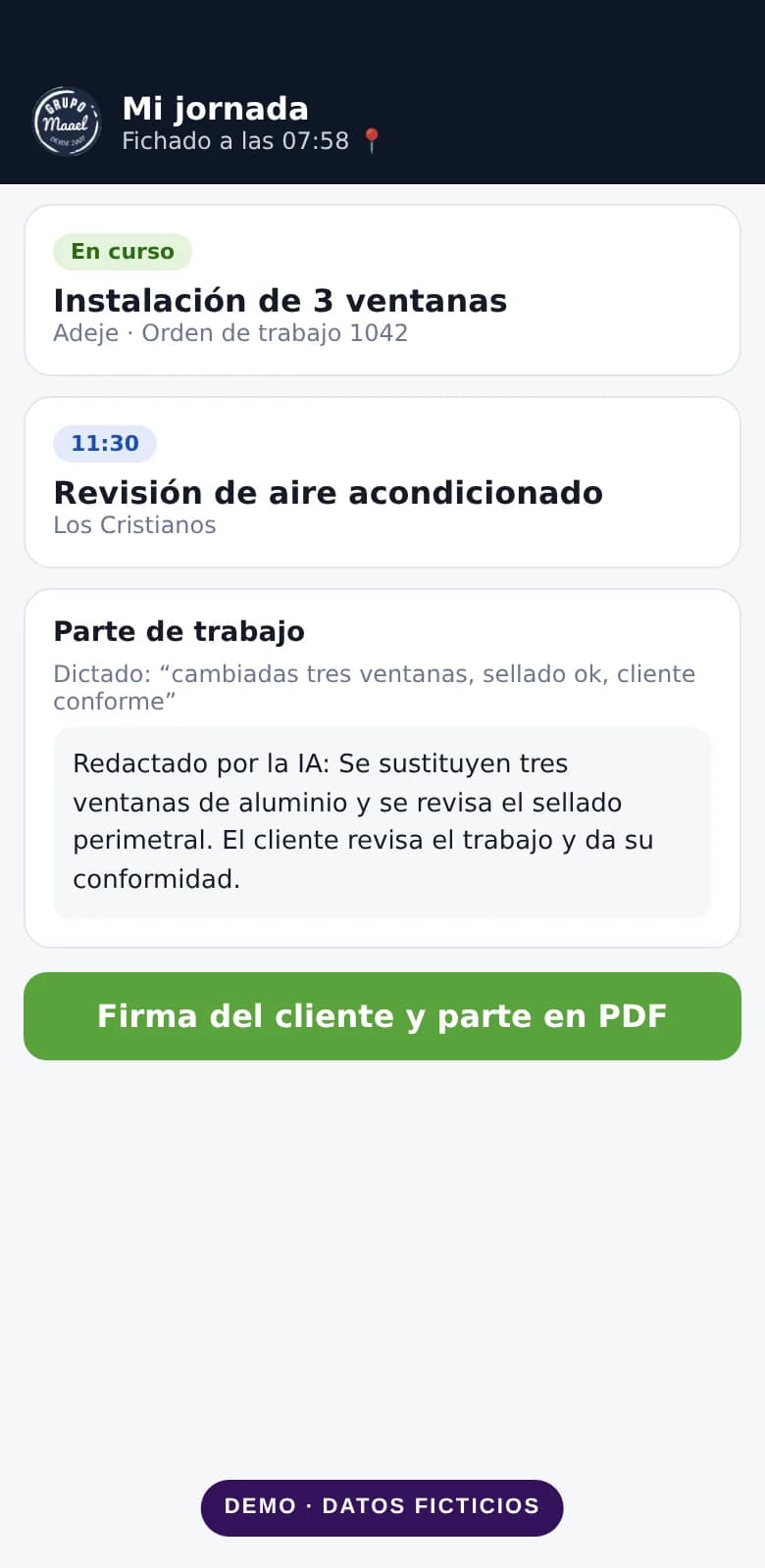 Demo de Mi jornada del técnico en un móvil