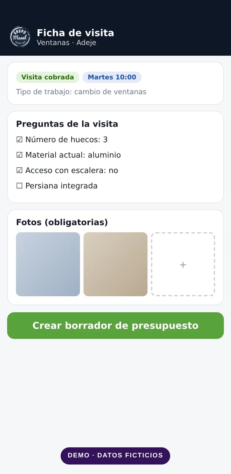 Demo de una ficha de visita técnica en un móvil