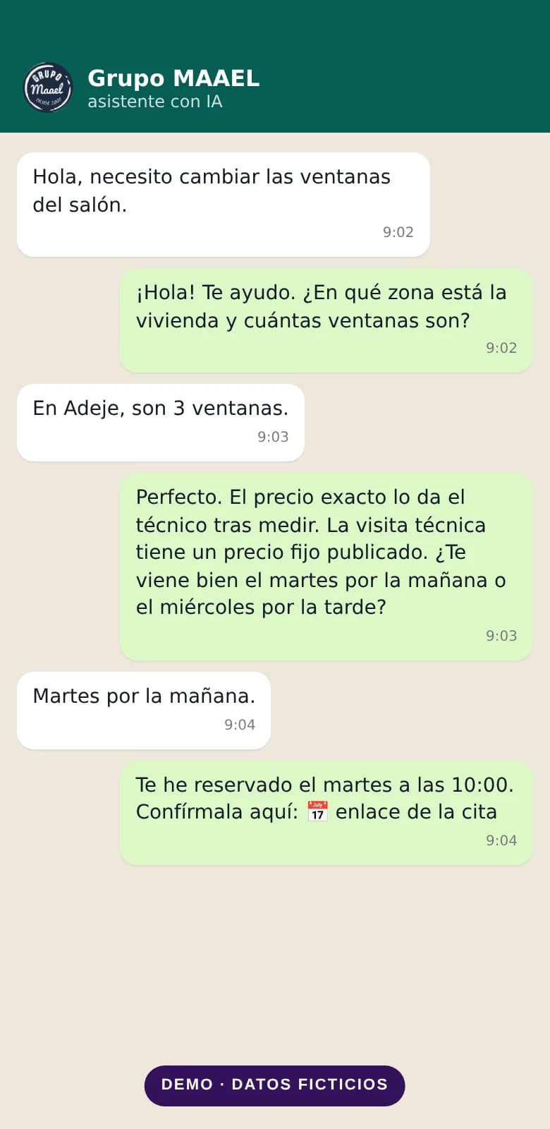 Demo de una conversación con el asistente de WhatsApp con IA, en un móvil