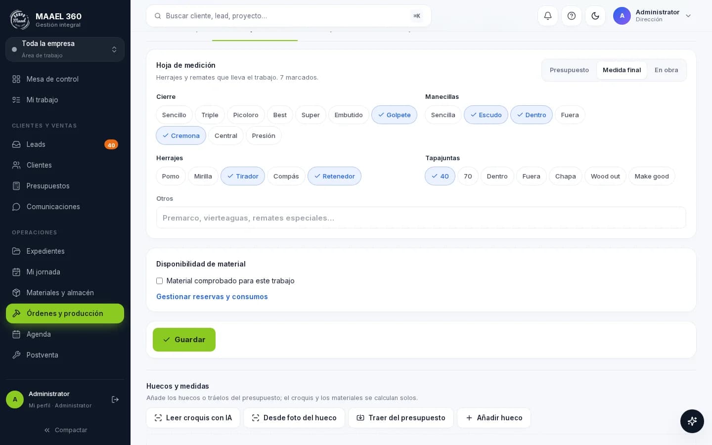 Hoja de medición digital en una orden de trabajo de MAAEL 360