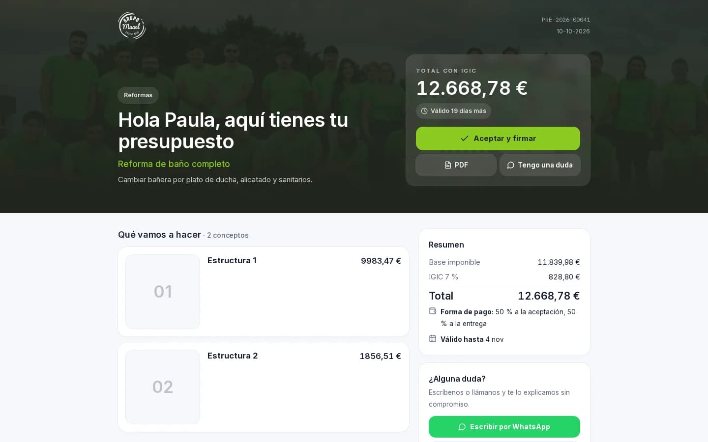 Presupuesto online tal como lo recibe el cliente final
