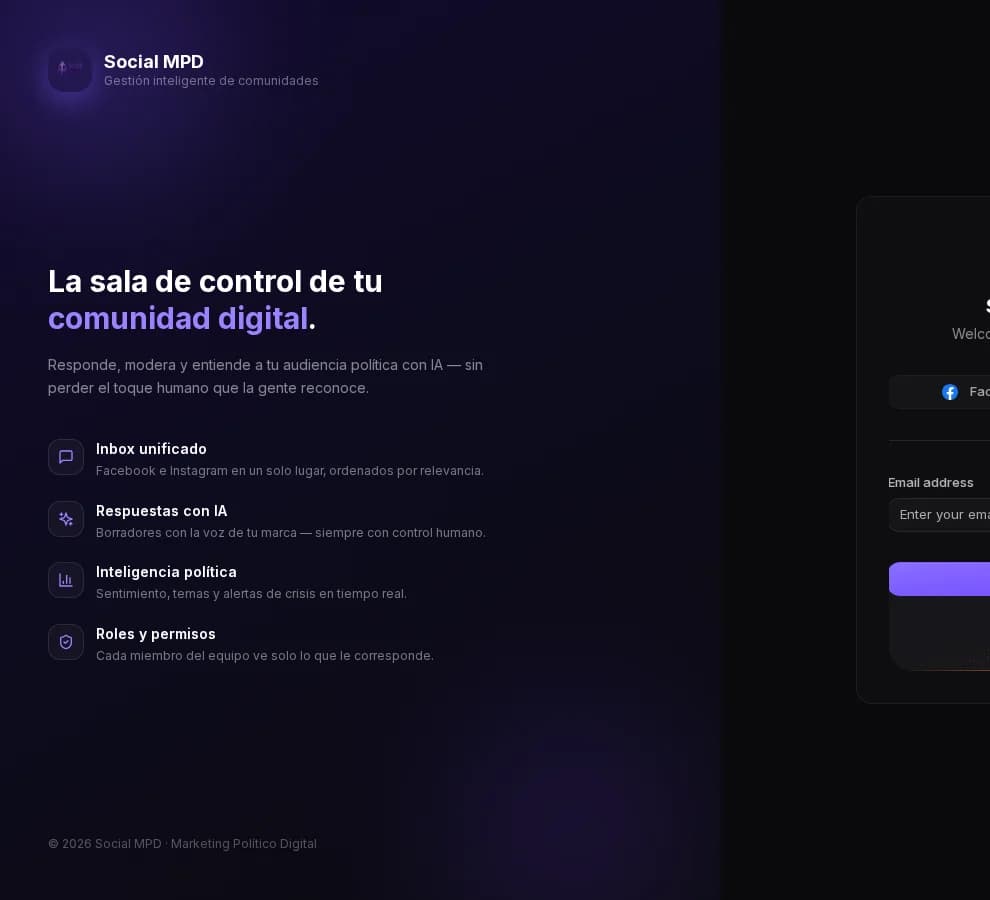 Pantalla de acceso de Social MPD con cuatro puntos: bandeja unificada, respuestas con IA, inteligencia política y roles
