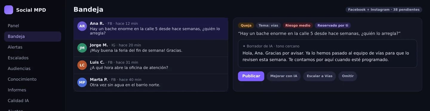 Bandeja de Social MPD con un comentario abierto, su clasificación y un borrador de IA