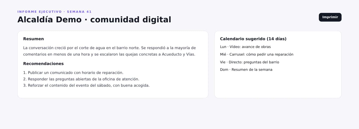 Informe ejecutivo con resumen, recomendaciones y calendario de 14 días