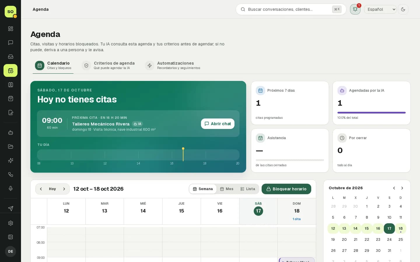 Agenda con la próxima cita agendada por la IA y los criterios de agenda