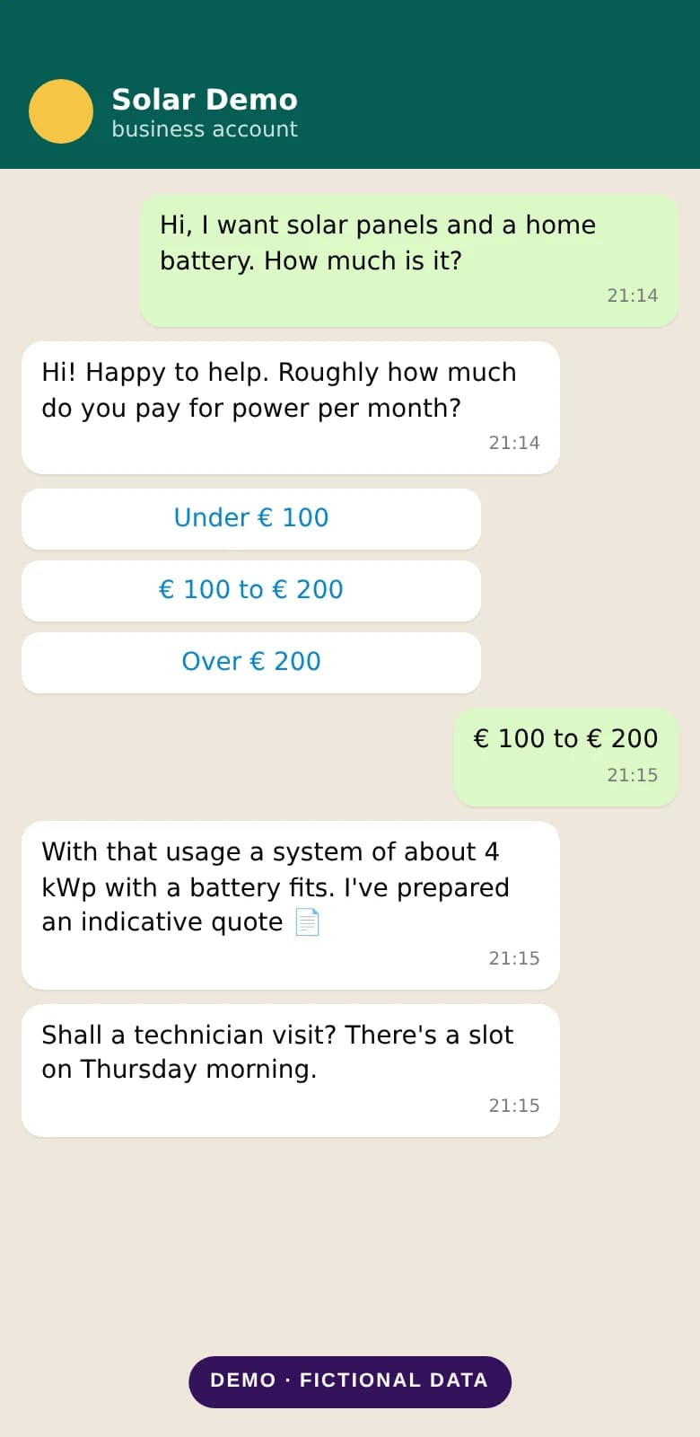 Demo of a customer messaging a business on WhatsApp, on a phone