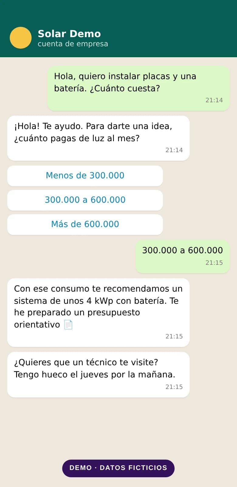 Demo de un cliente escribiendo por WhatsApp a un negocio, en un móvil