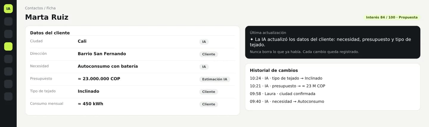 Demo de la ficha del cliente rellenada por la IA, con marcas en el chat