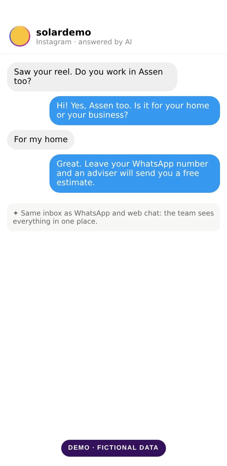 Demo of an Instagram conversation handled by the AI, on a phone