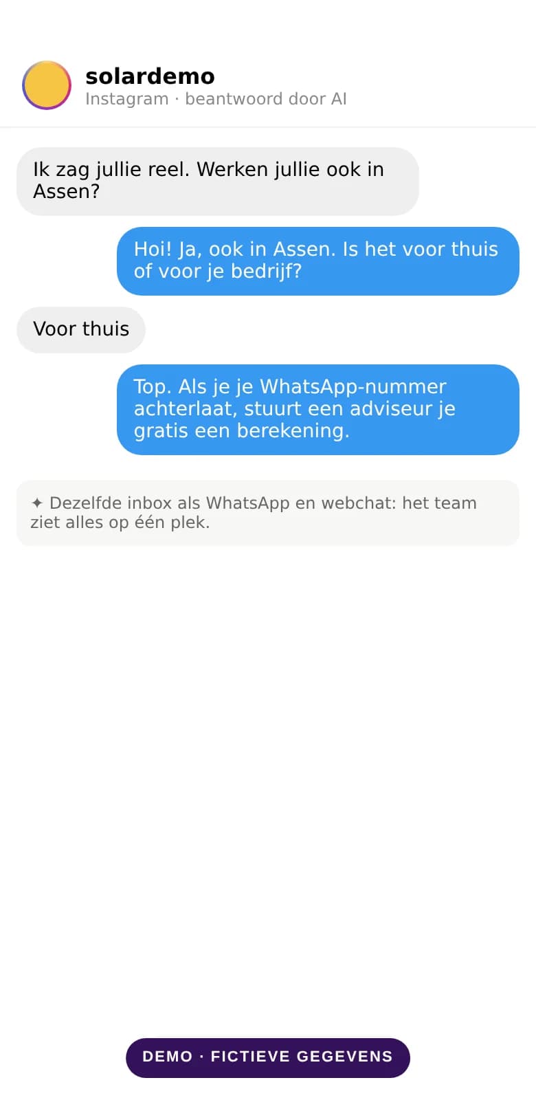 Demo van een gesprek via Instagram dat de AI beantwoordt, op een telefoon