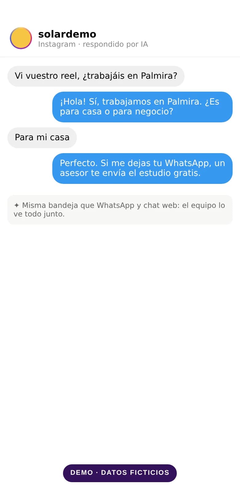 Demo de una conversación por Instagram atendida por la IA, en un móvil