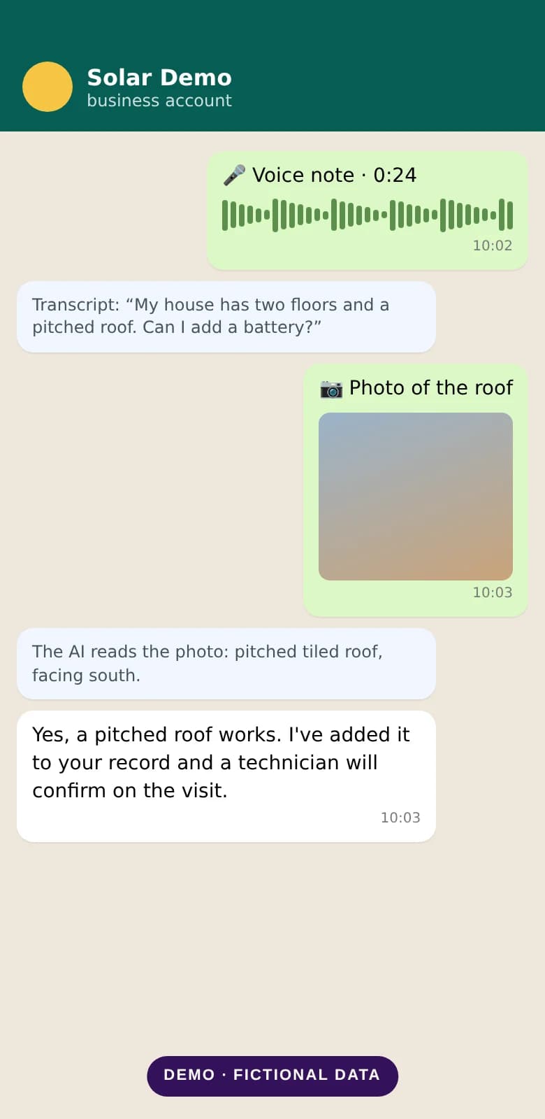 Demo of a transcribed voice note and a photo read by the AI, on a phone