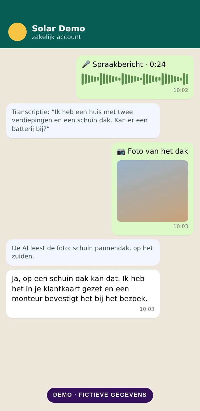 Demo van een uitgeschreven spraakbericht en een foto die de AI leest, op een telefoon
