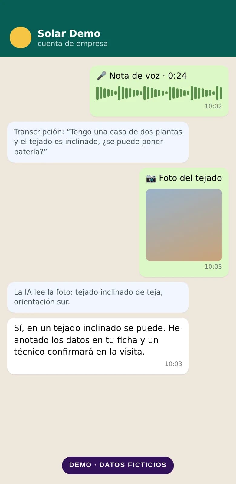 Demo de una nota de voz transcrita y una foto leída por la IA, en un móvil