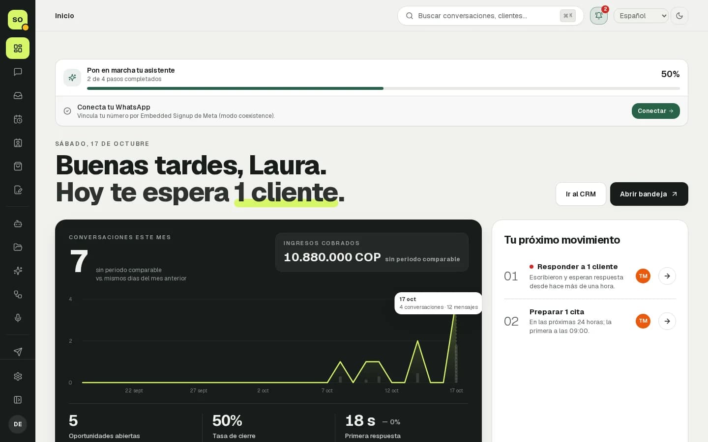 Panel de inicio con lo pendiente de hoy y el próximo movimiento