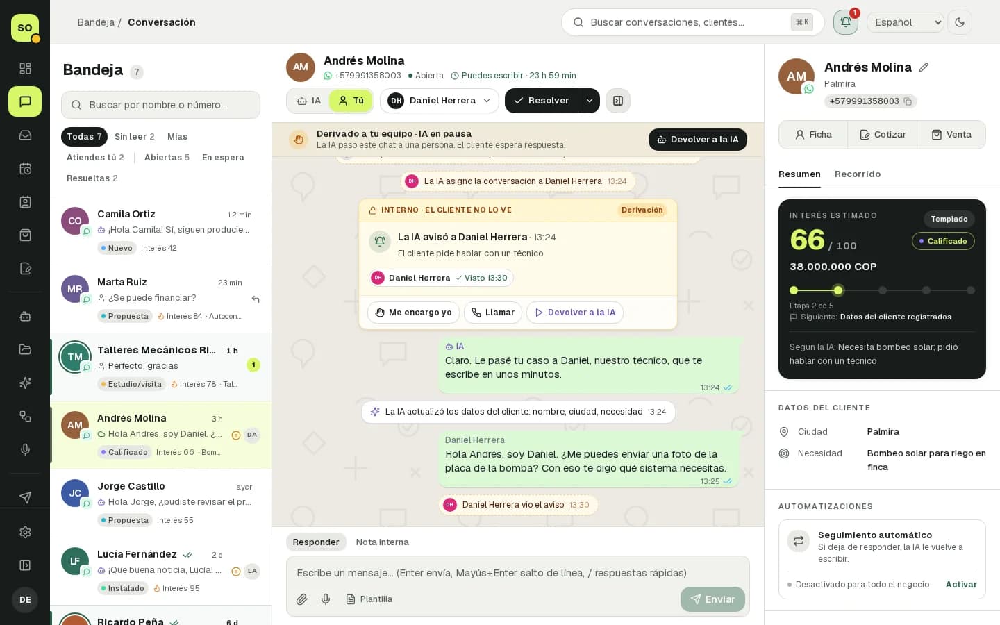 Conversación traspasada por la IA a un técnico, con aviso y visto