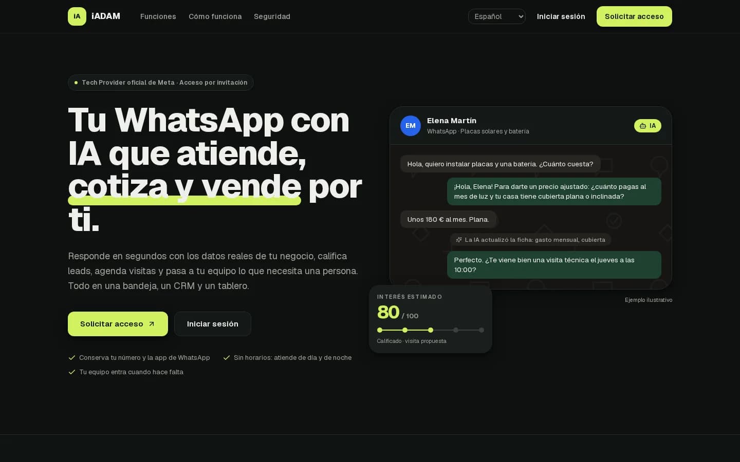Web del producto con el distintivo de Tech Provider oficial de Meta y una conversación de ejemplo