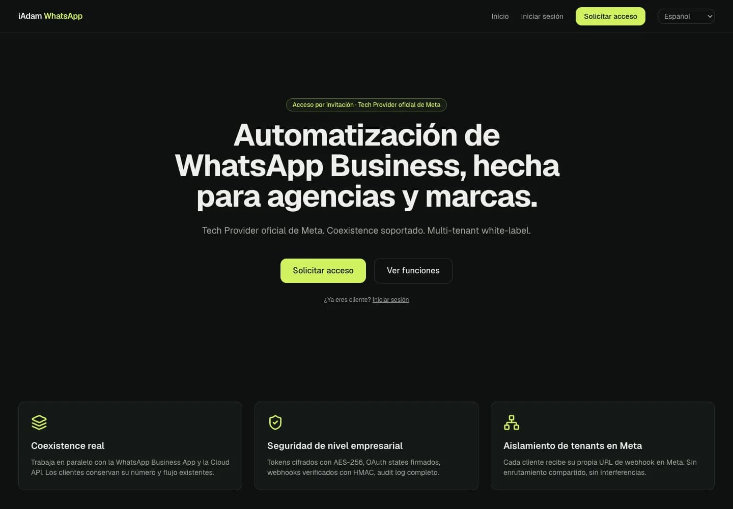 wa.iadam.nl: Onze eigen website voor het WhatsApp-platform met AI. Een product, geen klantproject.