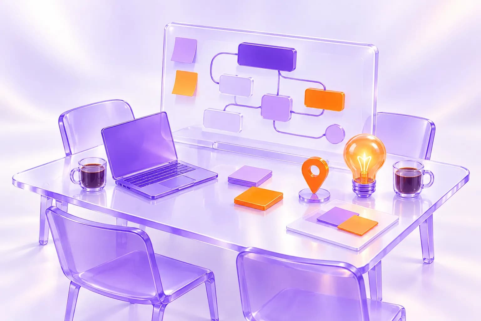 3D-illustratie van een werktafel met laptop, plaknotities en een scherm met een processchema, voor een AI-workshop