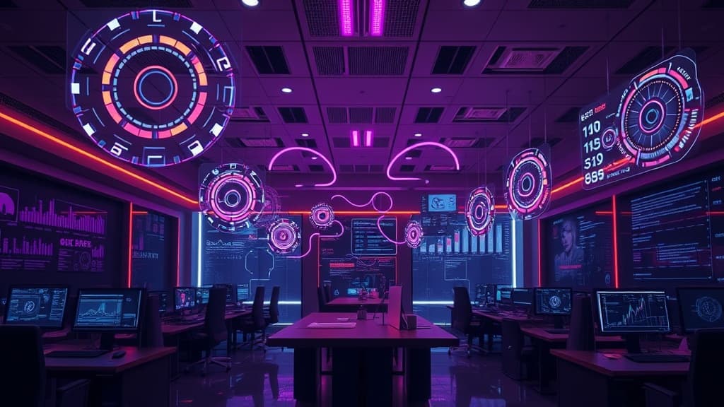 AI transforming business operations in 2026 - futuristic office with holographic AI interfaces