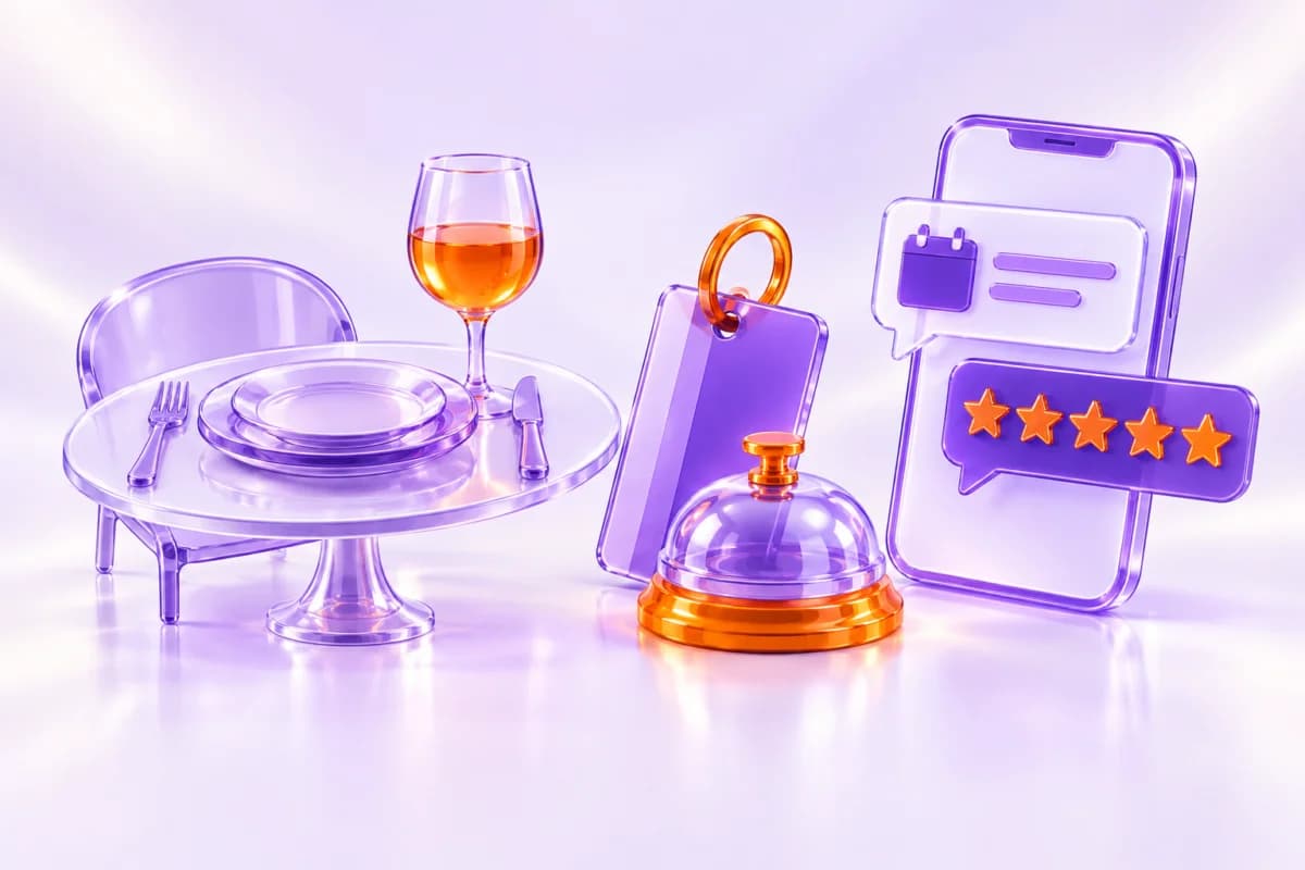 Ilustración 3D de una mesa, una tarjeta de hotel y un móvil con un chat de reservas