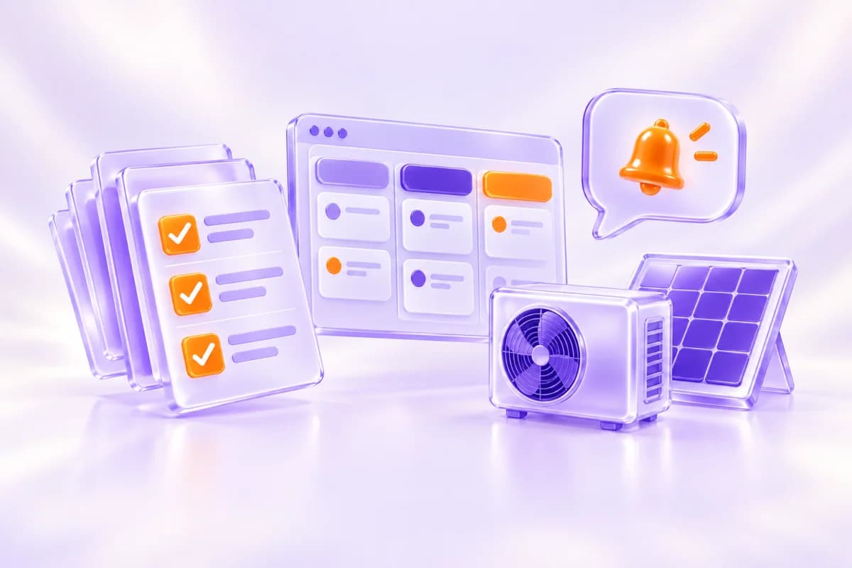 3D-illustratie van offertes met vinkjes, een CRM-pijplijn en een WhatsApp-herinnering