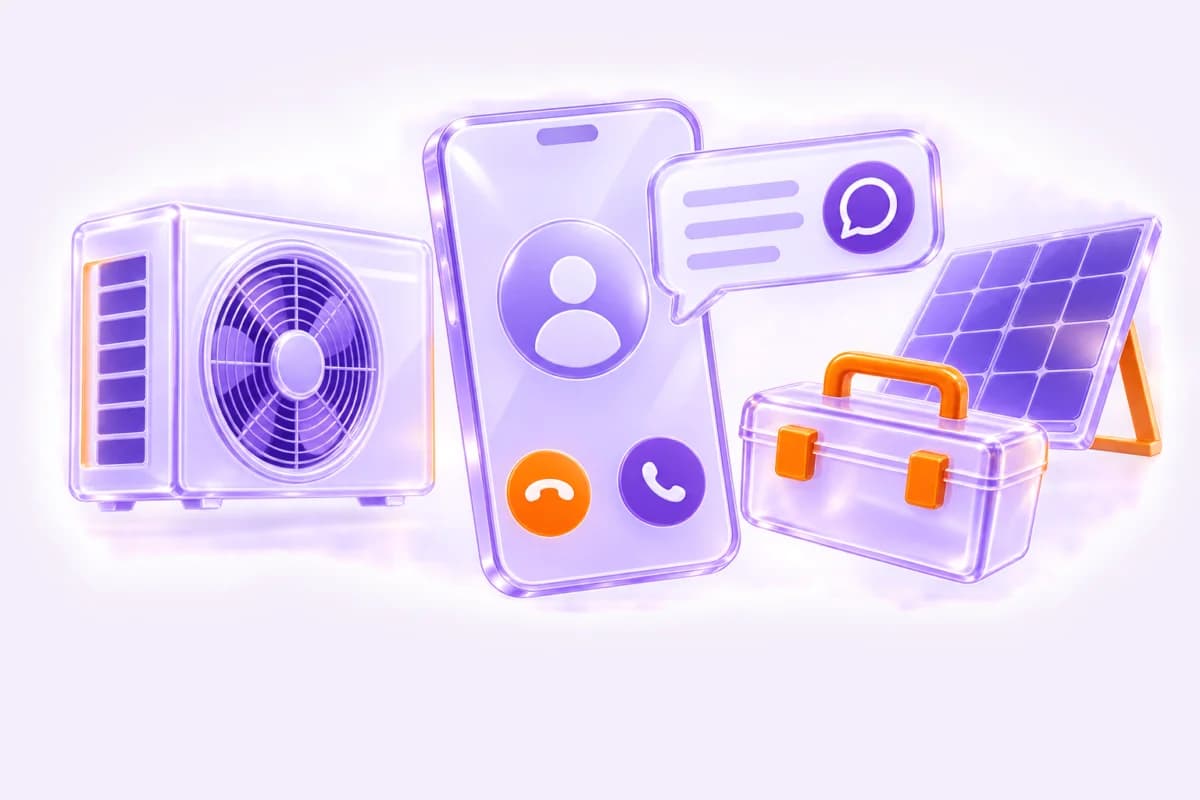 3D illustration of a heat pump, solar panel and a phone with an incoming call